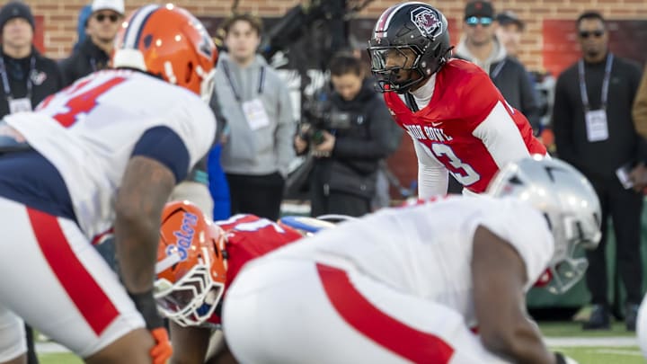 American Team safety Jalon Kilgore of South Carolina lines up during American Senior Bowl practice at Hancock Whitney Stadium. American Team safety Jalon Kilgore of South Carolina lines up during American Senior Bowl practice at Hancock Whitney Stadium.