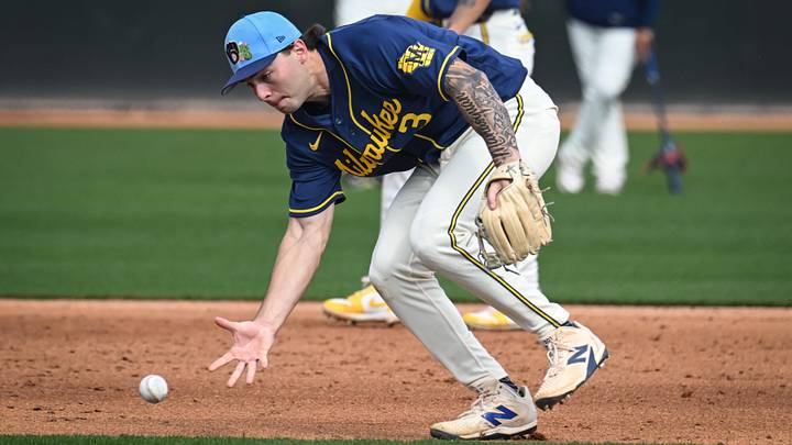Brewers third base prospect Andrew Fischer fields a ground ball during spring training workouts Sunday, February 15, 2026, at American Family Fields of Phoenix in Phoenix, Arizona.