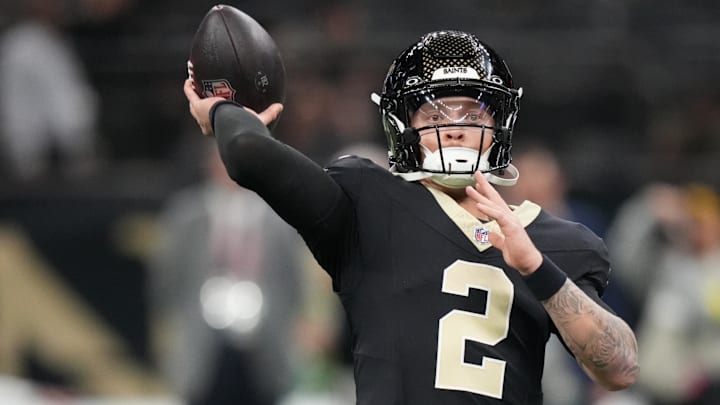 Nov 23, 2025; New Orleans, Louisiana, USA; New Orleans Saints quarterback Spencer Rattler (2) warms up prior to a game against the Atlanta Falcons at Caesars Superdome. Nov 23, 2025; New Orleans, Louisiana, USA; New Orleans Saints quarterback Spencer Rattler (2) warms up prior to a game against the Atlanta Falcons at Caesars Superdome.