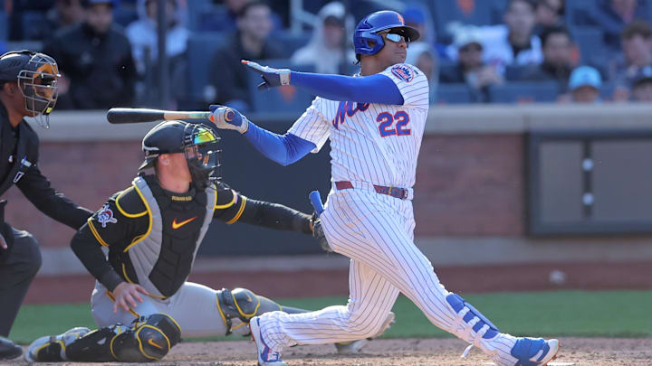 Mar 29, 2026; New York City, New York, USA; New York Mets left fielder Juan Soto (22) follows through on an RBI double against the Pittsburgh Pirates during the tenth inning at Citi Field. Mandatory Credit: Brad Penner-Imagn Images Mar 29, 2026; New York City, New York, USA; New York Mets left fielder Juan Soto (22) follows through on an RBI double against the Pittsburgh Pirates during the tenth inning at Citi Field. Mandatory Credit: Brad Penner-Imagn Images