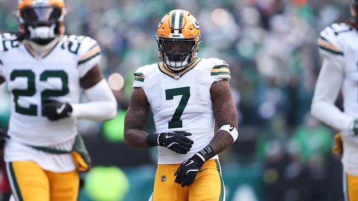 Jan 12, 2025; Philadelphia, Pennsylvania, USA; Green Bay Packers linebacker Quay Walker (7) before action against the Philadelphia Eagles in an NFC wild card game at Lincoln Financial Field.
