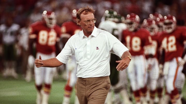 Aug 10, 1991; St. Louis, MO, USA; FILE PHOTO; Kansas City Chiefs head coach Marty Schottenheimer on the sidelines against the New York Jets at Busch Stadium during the 1991 preseason. Mandatory Credit: Herb Weitman-USA TODAY NETWORK