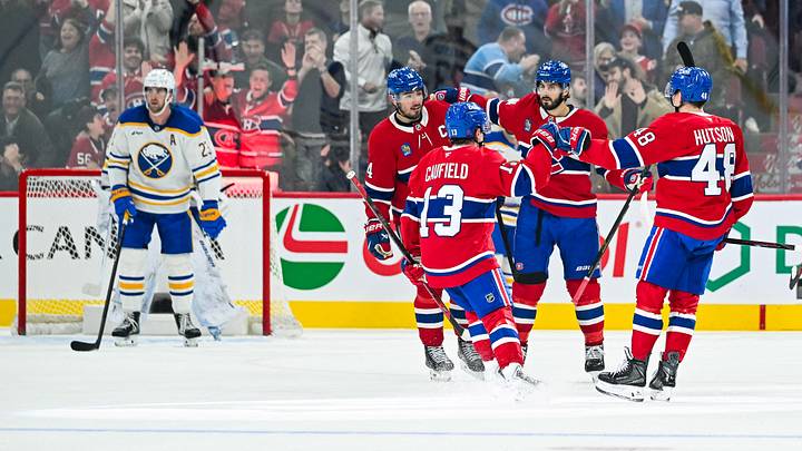 Montreal Canadiens defenseman Lane Hutson (48) celebrates with his teammates his goal against the Buffalo Sabres during the first period at Bell Centre. Mandatory Credit: David Kirouac-Imagn Images Montreal Canadiens defenseman Lane Hutson (48) celebrates with his teammates his goal against the Buffalo Sabres during the first period at Bell Centre. Mandatory Credit: David Kirouac-Imagn Images