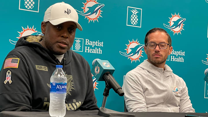 Dolphins general manager Chris Grier and coach Mike McDaniel address reporters at the Baptist Health Training Complex. Dolphins general manager Chris Grier and coach Mike McDaniel address reporters at the Baptist Health Training Complex.