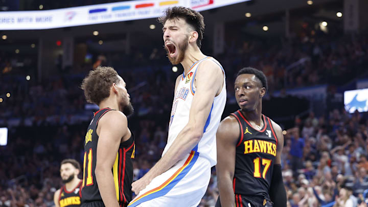 Oct 27, 2024; Oklahoma City, Oklahoma, USA; Oklahoma City Thunder forward Chet Holmgren (7) celebrates after dunking against the Atlanta Hawks during the second half at Paycom Center. Mandatory Credit: Alonzo Adams-Imagn Images