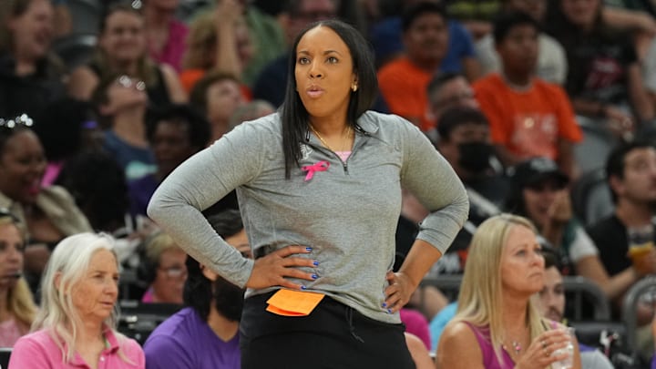 Aug 5, 2023; Phoenix, Arizona, USA; Phoenix Mercury head coach Nikki Blue looks on against the Seattle Storm during the first half at Footprint Center. Mandatory Credit: Joe Camporeale-Imagn Images