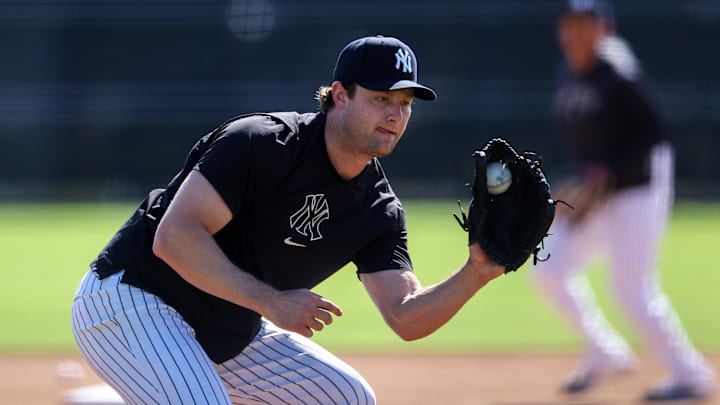 Feb 15, 2025; Tampa, FL, USA; New York Yankees starting pitcher Gerrit Cole (45) participates in spring training workouts at George M. Steinbrenner Field. Mandatory Credit: Nathan Ray Seebeck-Imagn Images