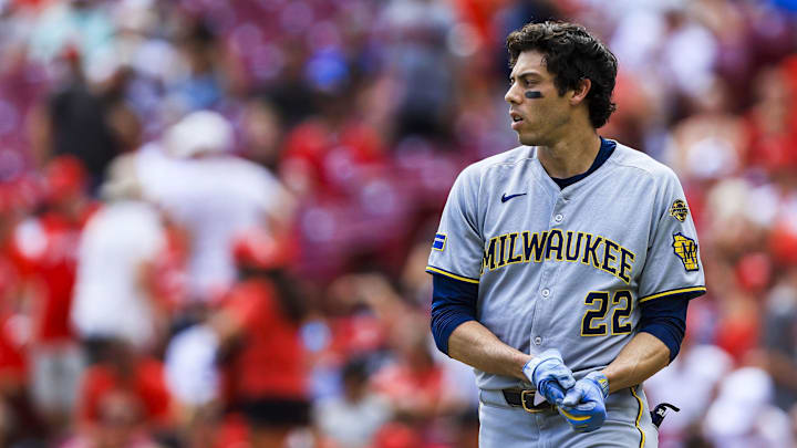 Aug 17, 2025; Cincinnati, Ohio, USA; Milwaukee Brewers outfielder Christian Yelich (22) walks off the field after striking out in the fourth inning against the Cincinnati Reds at Great American Ball Park. Mandatory Credit: Katie Stratman-Imagn Images Aug 17, 2025; Cincinnati, Ohio, USA; Milwaukee Brewers outfielder Christian Yelich (22) walks off the field after striking out in the fourth inning against the Cincinnati Reds at Great American Ball Park. Mandatory Credit: Katie Stratman-Imagn Images