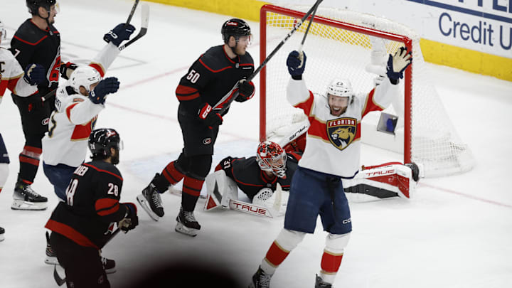 May 28, 2025; Raleigh, North Carolina, USA; Carolina Hurricanes goaltender Frederik Andersen (31) reacts to a goal by Florida Panthers forward Carter Verhaeghe (23) during the third period in game five of the Eastern Conference Final of the 2025 Stanley Cup Playoffs at Lenovo Center. Mandatory Credit: Geoff Burke-Imagn Images