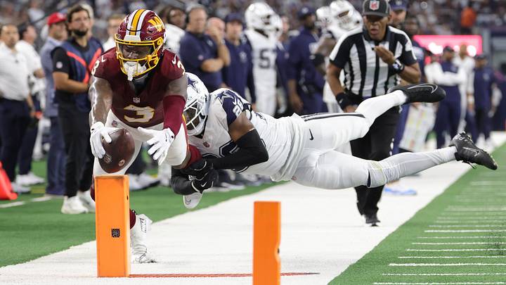 Sep 20, 2026; Arlington, Texas, USA; Washington Commanders wide receiver Stefon Diggs (3) dives toward the goal line after catching a pass against Dallas Cowboys cornerback DaRon Bland (26) during the second half at AT&T Stadium. Mandatory Credit: Kevin Jairaj-Imagn Images Sep 20, 2026; Arlington, Texas, USA; Washington Commanders wide receiver Stefon Diggs (3) dives toward the goal line after catching a pass against Dallas Cowboys cornerback DaRon Bland (26) during the second half at AT&T Stadium. Mandatory Credit: Kevin Jairaj-Imagn Images