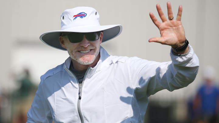 Bills head coach Sean McDermott waves to fans during day five of Buffalo Bills training camp.