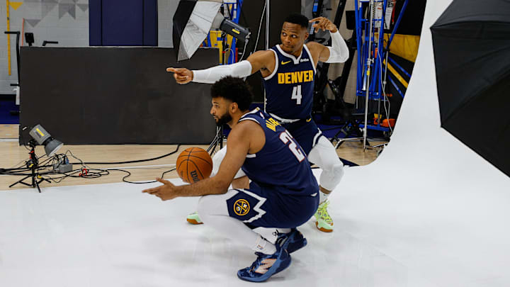 Denver Nuggets guard Russell Westbrook (4) and guard Jamal Murray (27) during Denver Nuggets Media Day. Mandatory Credit: Isaiah J. Downing-Imagn Images Denver Nuggets guard Russell Westbrook (4) and guard Jamal Murray (27) during Denver Nuggets Media Day. Mandatory Credit: Isaiah J. Downing-Imagn Images