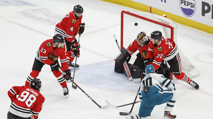 Mar 17, 2024; Chicago, Illinois, USA; San Jose Sharks center Klim Kostin (10) scores a goal against