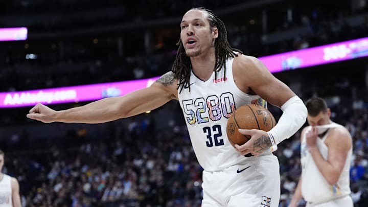 Feb 5, 2025; Denver, Colorado, USA; Denver Nuggets forward Aaron Gordon (32) reacts during the first quarter against the New Orleans Pelicans at Ball Arena. Mandatory Credit: Ron Chenoy-Imagn Images