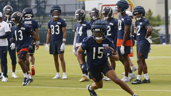 Jul 24, 2025; Lake Forest, IL, USA; Chicago Bears wide receiver Rome Odunze (15) runs with the ball during training camp at Halas Hall. Mandatory Credit: Kamil Krzaczynski-Imagn Images