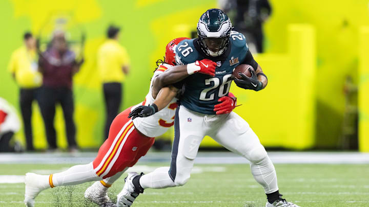 Philadelphia Eagles running back Saquon Barkley (26) against the Kansas City Chiefs during Super Bowl LIX at Ceasars Superdome. 
