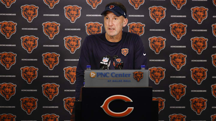 Jul 23, 2025; Lake Forest, IL, USA; Chicago Bears defensive coordinator Dennis Allen speaks during training camp at Halas Hall. Mandatory Credit: Kamil Krzaczynski-Imagn Images