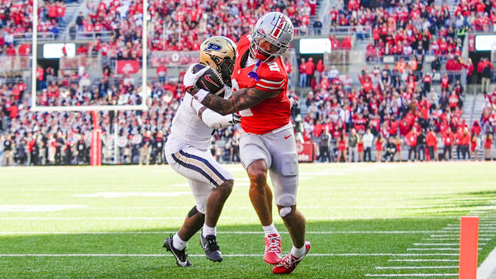 Ohio State Buckeyes wide receiver Emeka Egbuka (2) runs to the endzone against the Purdue Boilermakers in the second half at Ohio Stadium on Saturday, Nov. 9, 2024 in Columbus, Ohio.
