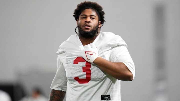 Ohio State Buckeyes defensive tackle James Smith (3) warms up during the first day of spring workouts for the 2026 football season at Woody Hayes Athletic Complex in Columbus on March 10, 2026.