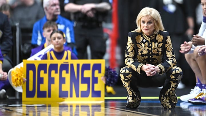 Mar 28, 2025; Spokane, WA, USA; LSU Lady Tigers head coach Kim Mulkey looks on against the NC State Wolfpack  during the second half of a Sweet 16 NCAA Tournament basketball game at Spokane Arena. Mandatory Credit: James Snook-Imagn Images