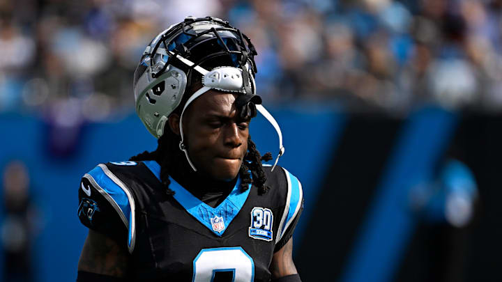 Nov 3, 2024; Charlotte, North Carolina, USA; Carolina Panthers cornerback Jaycee Horn (8) in the first quarter at Bank of America Stadium. Mandatory Credit: Bob Donnan-Imagn Images