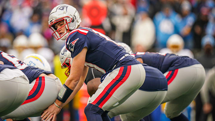 Dec 28, 2024; Foxborough, Massachusetts, USA; New England Patriots quarterback Drake Maye (10) on the field against the Los Angeles Chargers in the first quarter at Gillette Stadium. Mandatory Credit: David Butler II-Imagn Images