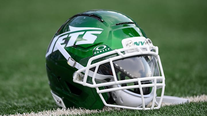 Aug 16, 2025; East Rutherford, New Jersey, USA; General view of a New York Jets helmet prior to the game against the New York Giants at MetLife Stadium. Mandatory Credit: Rich Barnes-Imagn Images