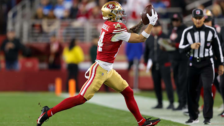 Dec 30, 2024; Santa Clara, California, USA; San Francisco 49ers wide receiver Ricky Pearsall (14) during the game against the Detroit Lions at Levi's Stadium. 