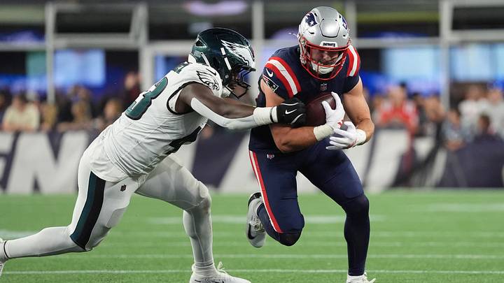 Aug 22, 2026; Foxborough, Massachusetts, USA;  Philadelphia Eagles linebacker Jose Ramirez (43) tackles New England Patriots running back Lan Larison (34) during the second half at Gillette Stadium.  Mandatory Credit: Gregory Fisher-Imagn Images