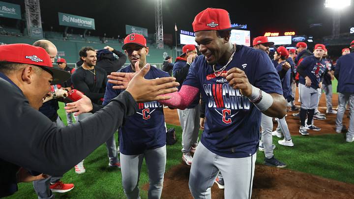 Sep 24, 202: Cleveland Guardians left fielder Angel Martinez (1) celebrates after clinching a playoff berth at Fenway Park after a game against the Boston Red Sox. Credit: Paul Rutherford-Imagn Images