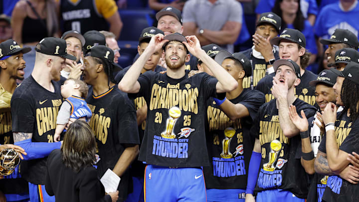 Jun 22, 2025; Oklahoma City, Oklahoma, USA; Oklahoma City Thunder forward Chet Holmgren (7) celebrates after winning game seven of the 2025 NBA Finals against the Indiana Pacers at Paycom Center. Mandatory Credit: Alonzo Adams-Imagn Images