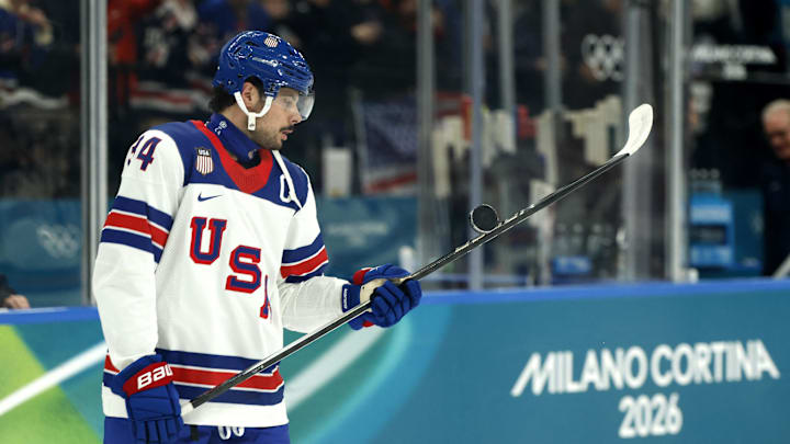 Feb 12, 2026; Milan, Italy; Auston Matthews of United States during the warm up before the match against Latvia in men's ice hockey group C play during the Milano Cortina 2026 Olympic Winter Games at Milano Santagiulia Ice Hockey Arena. Mandatory Credit: Geoff Burke-Imagn Images Feb 12, 2026; Milan, Italy; Auston Matthews of United States during the warm up before the match against Latvia in men's ice hockey group C play during the Milano Cortina 2026 Olympic Winter Games at Milano Santagiulia Ice Hockey Arena. Mandatory Credit: Geoff Burke-Imagn Images