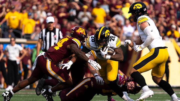 Iowa Hawkeyes running back Kamari Moulton (28) carries the ball against the Minnesota Golden Gophers Oct. 24, 2026 during a Big Ten football game in Minneapolis, Minnesota. Iowa Hawkeyes running back Kamari Moulton (28) carries the ball against the Minnesota Golden Gophers Oct. 24, 2026 during a Big Ten football game in Minneapolis, Minnesota.
