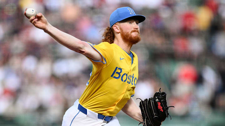 Aug 30, 2025; Boston, Massachusetts, USA; Boston Red Sox starting pitcher Dustin May (85) pitches against the Pittsburgh Pirates during the first inning at Fenway Park. Mandatory Credit: Brian Fluharty-Imagn Images