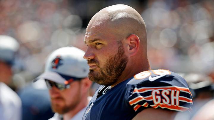 Aug 14, 2021; Chicago, Illinois, USA; Chicago Bears center Cody Whitehair (65) watches the game on Aug 14, 2021; Chicago, Illinois, USA; Chicago Bears center Cody Whitehair (65) watches the game on