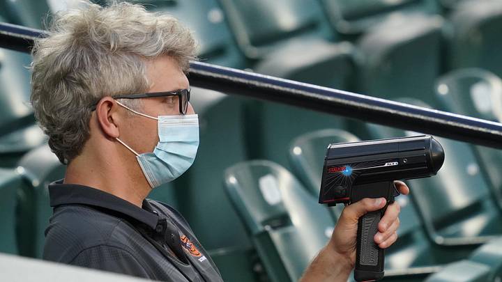 Jul 9, 2020; Baltimore, Maryland, United States; Baltimore Orioles general manager Mike Elias uses a radar gun during a practice game at Oriole Park at Camden Yards. Mandatory Credit: Mitch Stringer-USA TODAY Sports Jul 9, 2020; Baltimore, Maryland, United States; Baltimore Orioles general manager Mike Elias uses a radar gun during a practice game at Oriole Park at Camden Yards. Mandatory Credit: Mitch Stringer-USA TODAY Sports