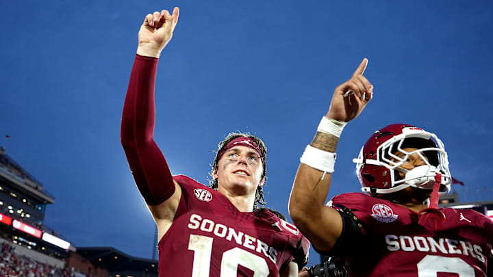 Oklahoma quarterback John Mateer and running back Jaydn Ott celebrate after the Sooners' victory over Illinois State. Oklahoma quarterback John Mateer and running back Jaydn Ott celebrate after the Sooners' victory over Illinois State.