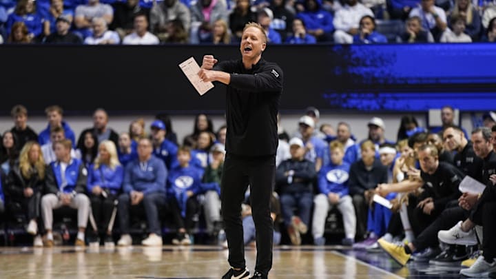 Feb 21, 2026; Provo, Utah, USA; BYU Cougars head coach Kevin Young reacts during the first half against the Iowa State Cyclones at Marriott Center. Mandatory Credit: Aaron Baker-Imagn Images