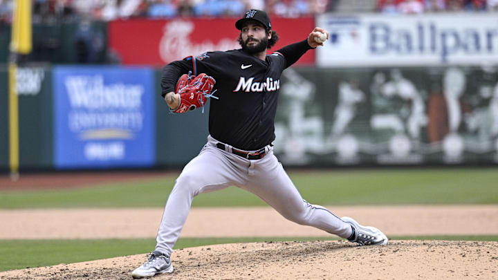 Apr 7, 2024; St. Louis, Missouri, USA; Miami Marlins pitcher Andrew Nardi (43) pitches against the St. Louis Cardinals during the seventh inning at Busch Stadium.