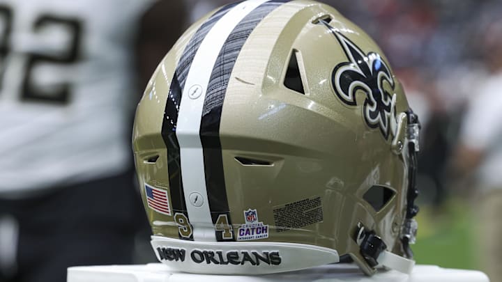 Oct 15, 2023; Houston, Texas, USA; View of a Crucial Catch logo on the helmet of New Orleans Saints defensive end Cameron Jordan (94) before the game against the Houston Texans at NRG Stadium. Mandatory Credit: Troy Taormina-Imagn Images