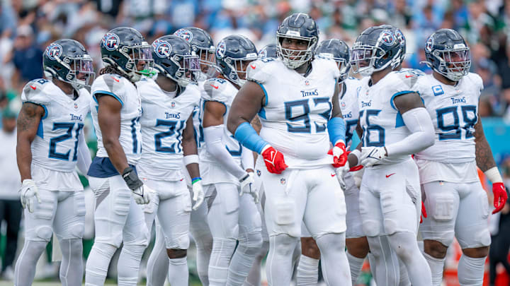 The Tennessee Titans defense huddles up during the third quarter of their game against the New York Jets at Nissan Stadium in Nashville, Tenn., Sunday, Sept. 15, 2024.