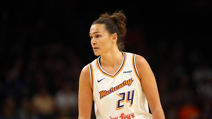 May 11, 2025; Phoenix, AZ, USA; Phoenix Mercury forward Kathryn Westbeld (24) against the Golden State Valkyries during a preseason game at PHX Arena. Mandatory Credit: Mark J. Rebilas-Imagn Images