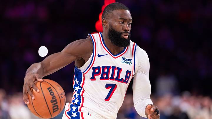 Oct 24, 2026; Philadelphia, Pennsylvania, USA; Philadelphia 76ers guard Jaylen Brown (7) drives against the Milwaukee Bucks during the second quarter at Xfinity Mobile Arena. Mandatory Credit: Bill Streicher-Imagn Images