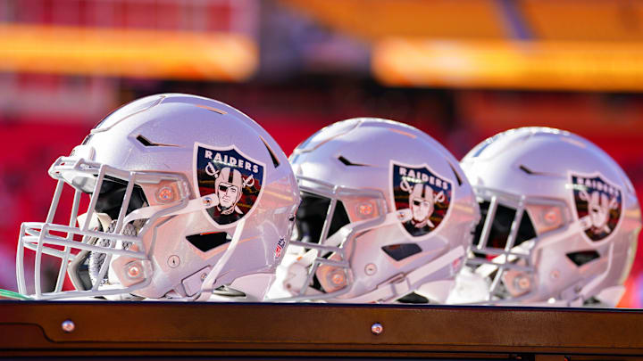 Nov 29, 2024; Kansas City, Missouri, USA; A general view of Las Vegas Raiders helmets against the Kansas City Chiefs prior to a game at GEHA Field at Arrowhead Stadium. Mandatory Credit: Denny Medley-Imagn Images