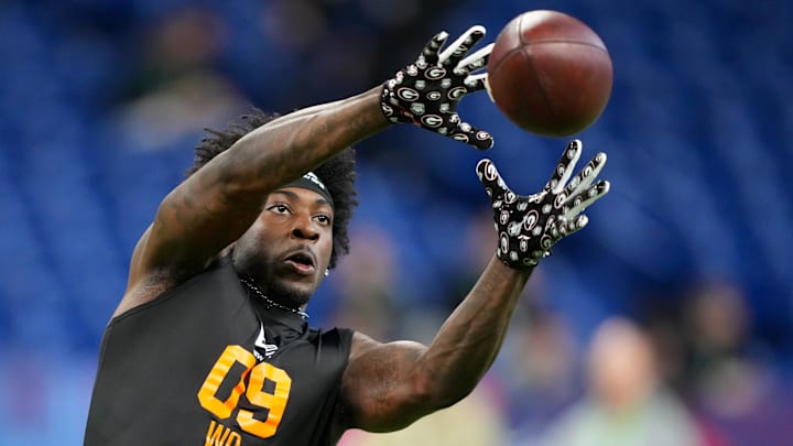 Feb 28, 2026; Indianapolis, IN, USA; Georgia wideout Zachariah Branch (WO09) during the NFL Scouting Combine at Lucas Oil Stadium. Mandatory Credit: Kirby Lee-Imagn Images