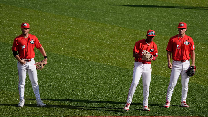 Georgia warms up before the start of a NCAA baseball game against Kentucky on March 14, 2025.