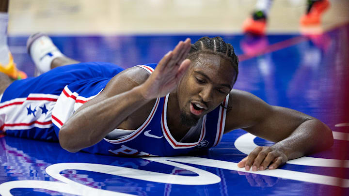  Philadelphia 76ers guard Tyrese Maxey (0) reacts after falling to the floor after a drive against the Milwaukee Bucks during the fourth quarter at Wells Fargo Center. 