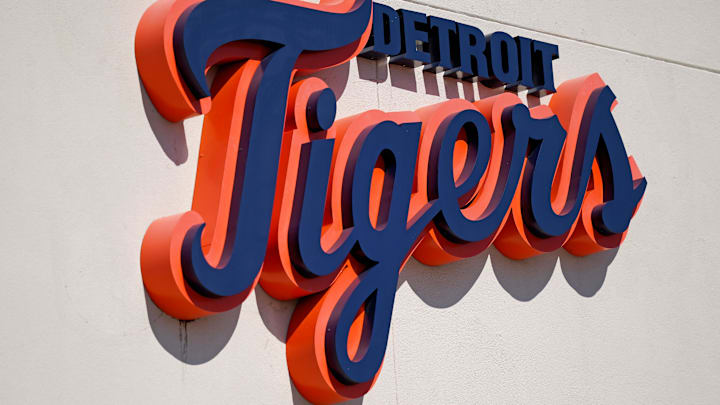 A general view of the Detroit Tigers script logo on the building at Publix Field at Joker Marchant Stadium during the spring training game between the Detroit Tigers and the Toronto Blue Jays. A general view of the Detroit Tigers script logo on the building at Publix Field at Joker Marchant Stadium during the spring training game between the Detroit Tigers and the Toronto Blue Jays.