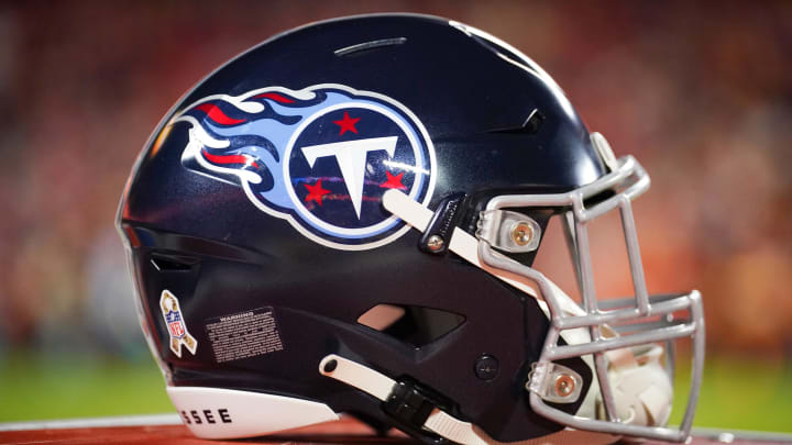 Nov 6, 2022; Kansas City, Missouri, USA; A general view of a Tennessee Titans helmet against the Kansas City Chiefs prior to the game at GEHA Field at Arrowhead Stadium.