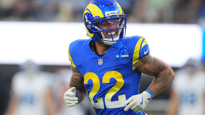Dec 14, 2025; Inglewood, California, USA; Los Angeles Rams running back Blake Corum (22) celebrates after a touchdown during the third quarter against the Detroit Lions at SoFi Stadium. Mandatory Credit: Kirby Lee-Imagn Images Dec 14, 2025; Inglewood, California, USA; Los Angeles Rams running back Blake Corum (22) celebrates after a touchdown during the third quarter against the Detroit Lions at SoFi Stadium. Mandatory Credit: Kirby Lee-Imagn Images